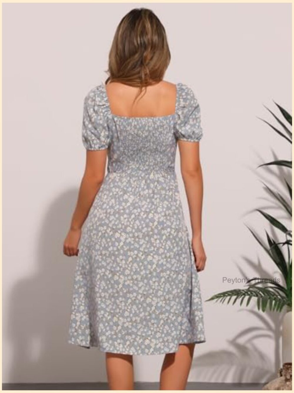 Square Neck Puff Sleeve Smocked Midi Dress Floral Peasant - Picture 2 of 5